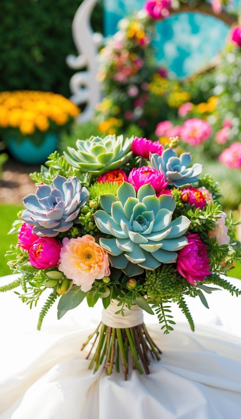 A lush bridal bouquet featuring various succulents, surrounded by vibrant blooms, set against a whimsical garden backdrop