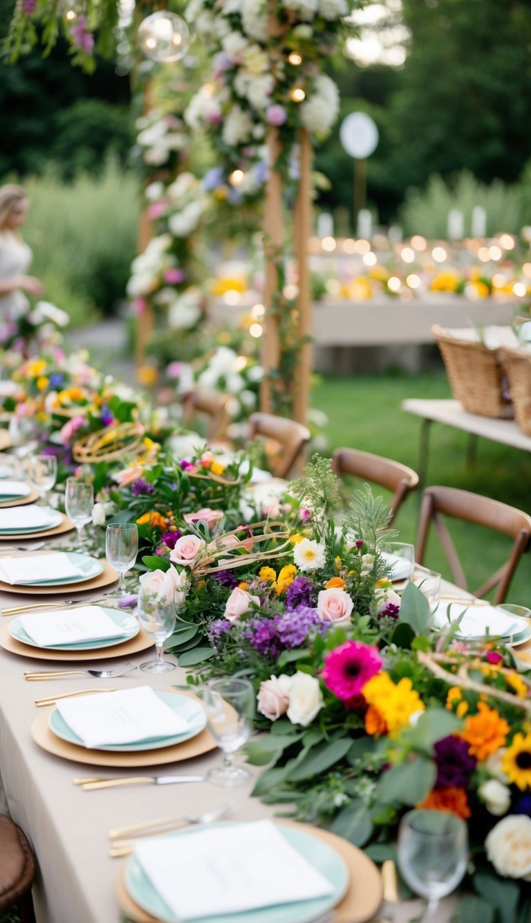 A table adorned with an array of colorful flowers and greenery, set up for guests to create their own whimsical flower crowns at a garden wedding