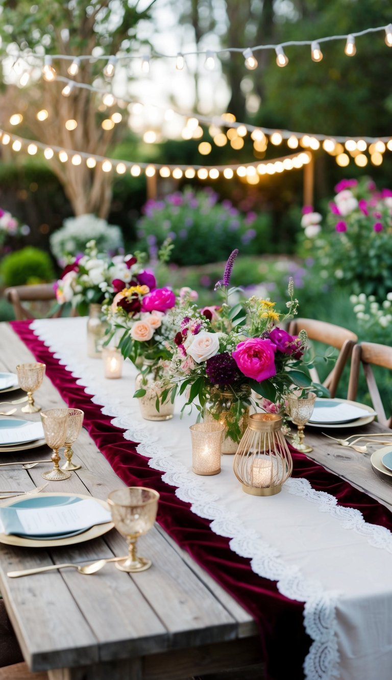 Velvet table runners with lace adorn rustic wooden tables, surrounded by blooming flowers and twinkling fairy lights in a whimsical garden setting