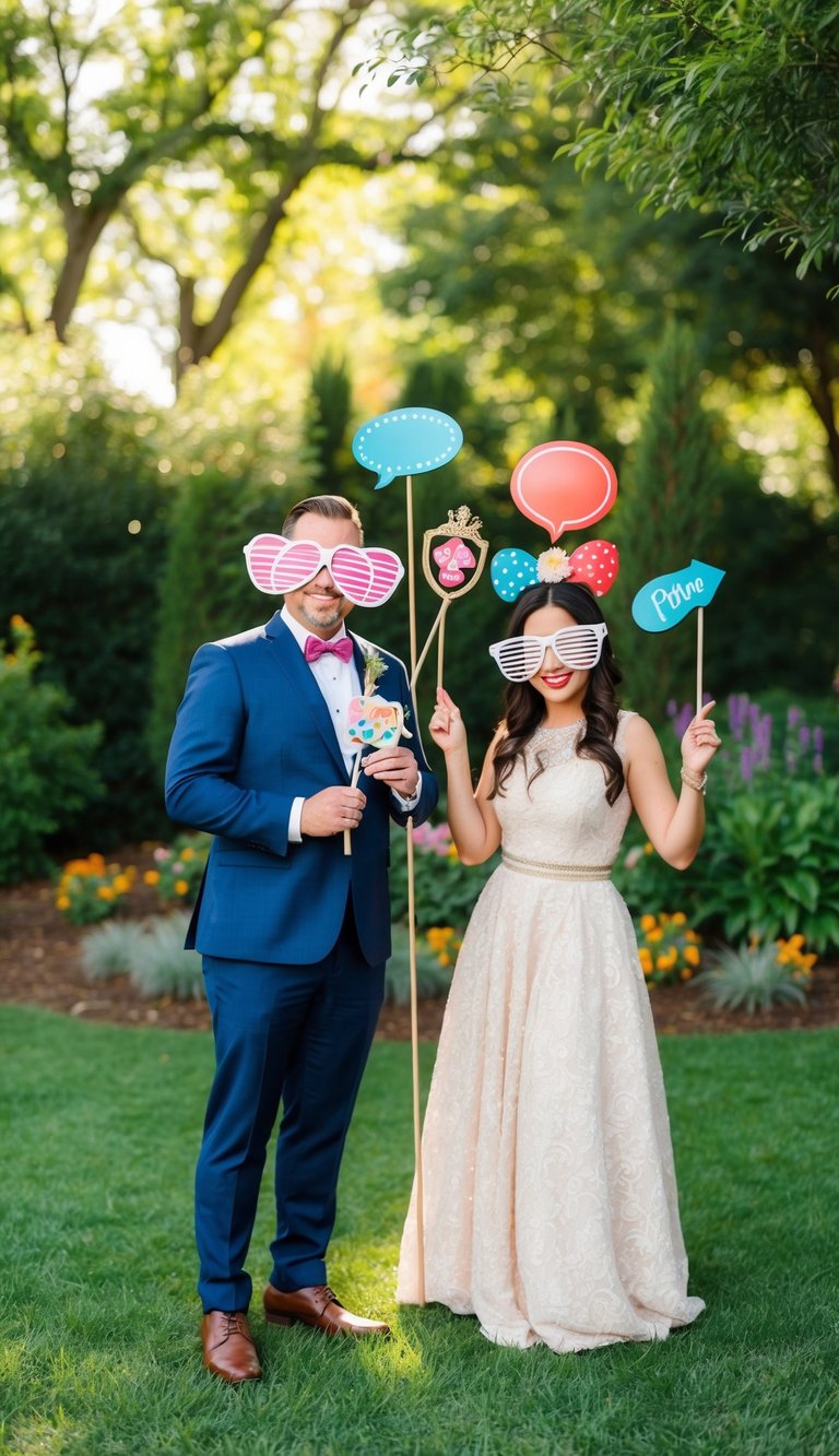 An outdoor photo booth with whimsical props in a garden setting