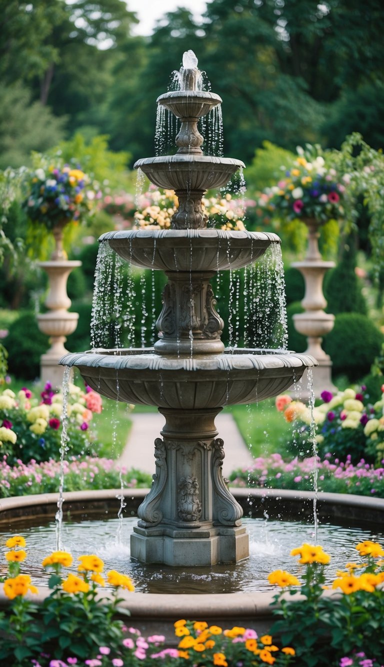 A grand antique fountain surrounded by lush greenery and colorful flowers, serving as the centerpiece of a whimsical garden wedding