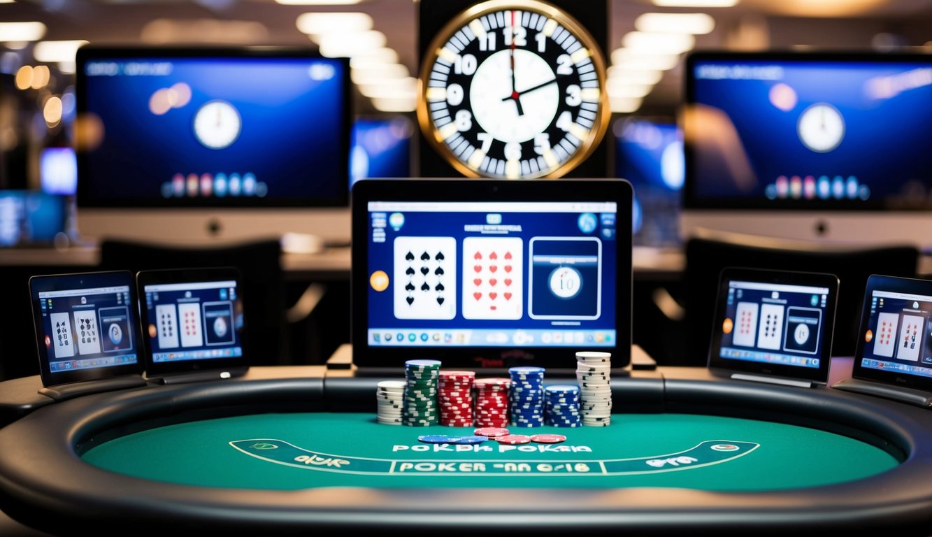 Sebuah meja poker digital dengan kartu dan chip, dikelilingi oleh layar komputer dan jam yang menunjukkan waktu 24 jam