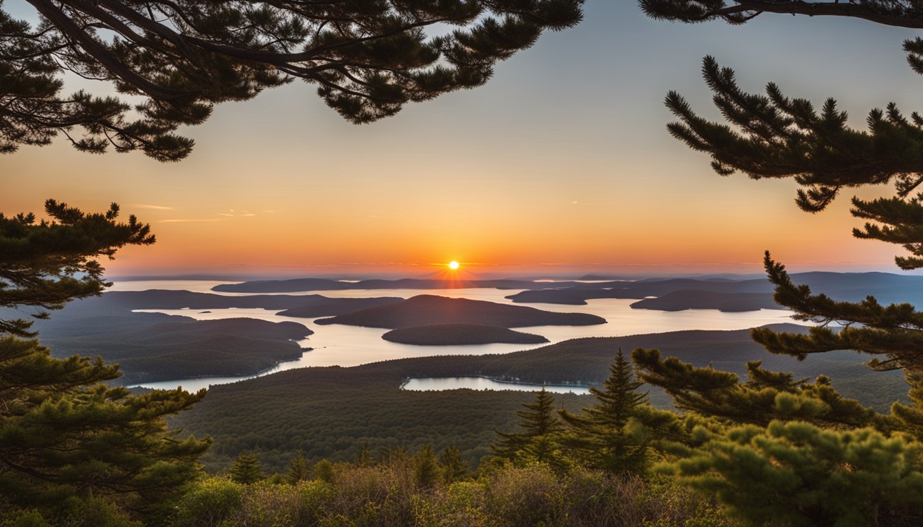 The sun rises over Cadillac Mountain, casting a warm glow on the diverse flora and fauna of its fragile ecosystem. Rocky outcroppings and lush vegetation create a picturesque landscape