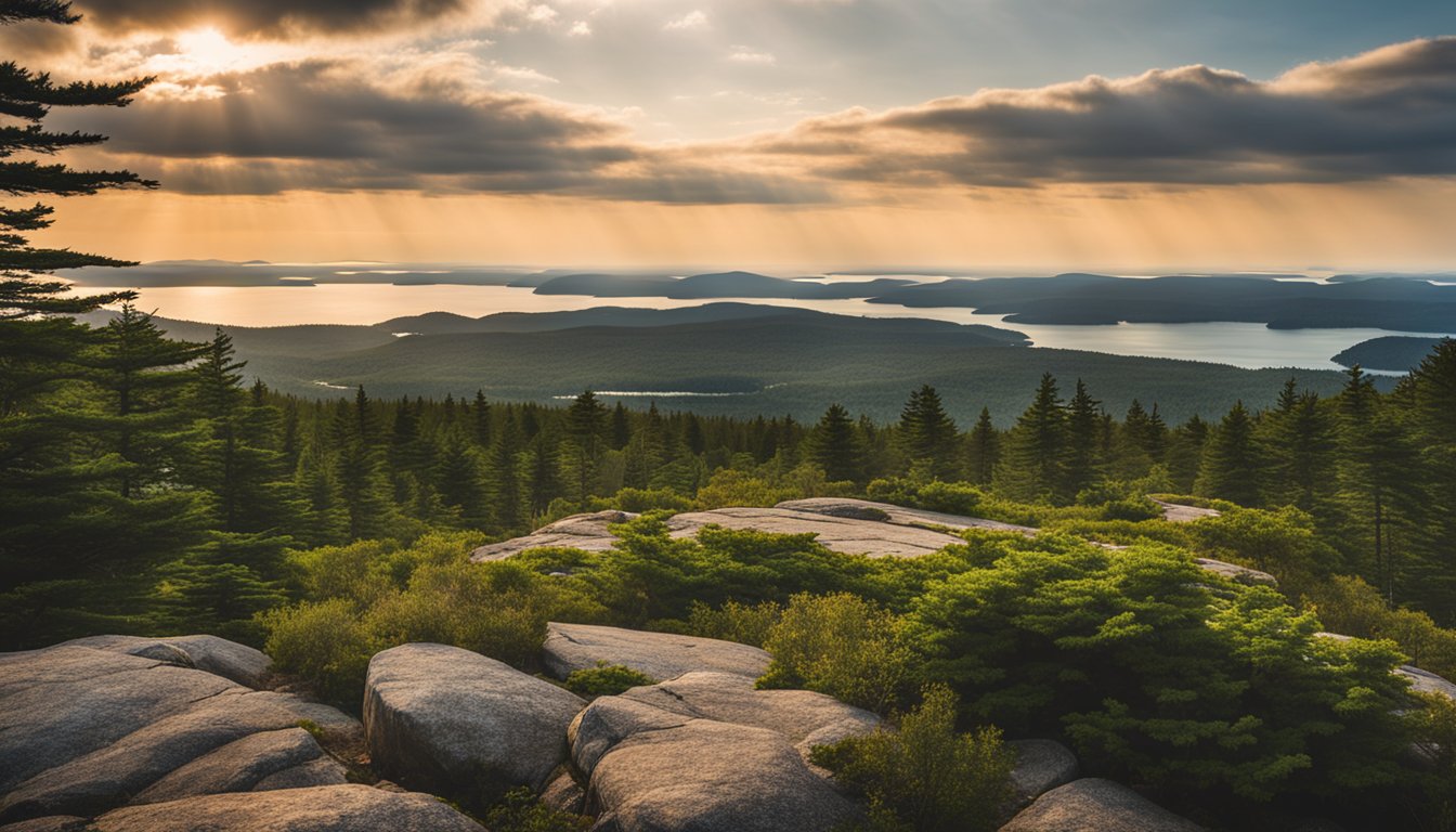 A panoramic view of Cadillac Mountain's diverse ecosystem, showcasing rocky terrain, lush vegetation, and various wildlife coexisting harmoniously