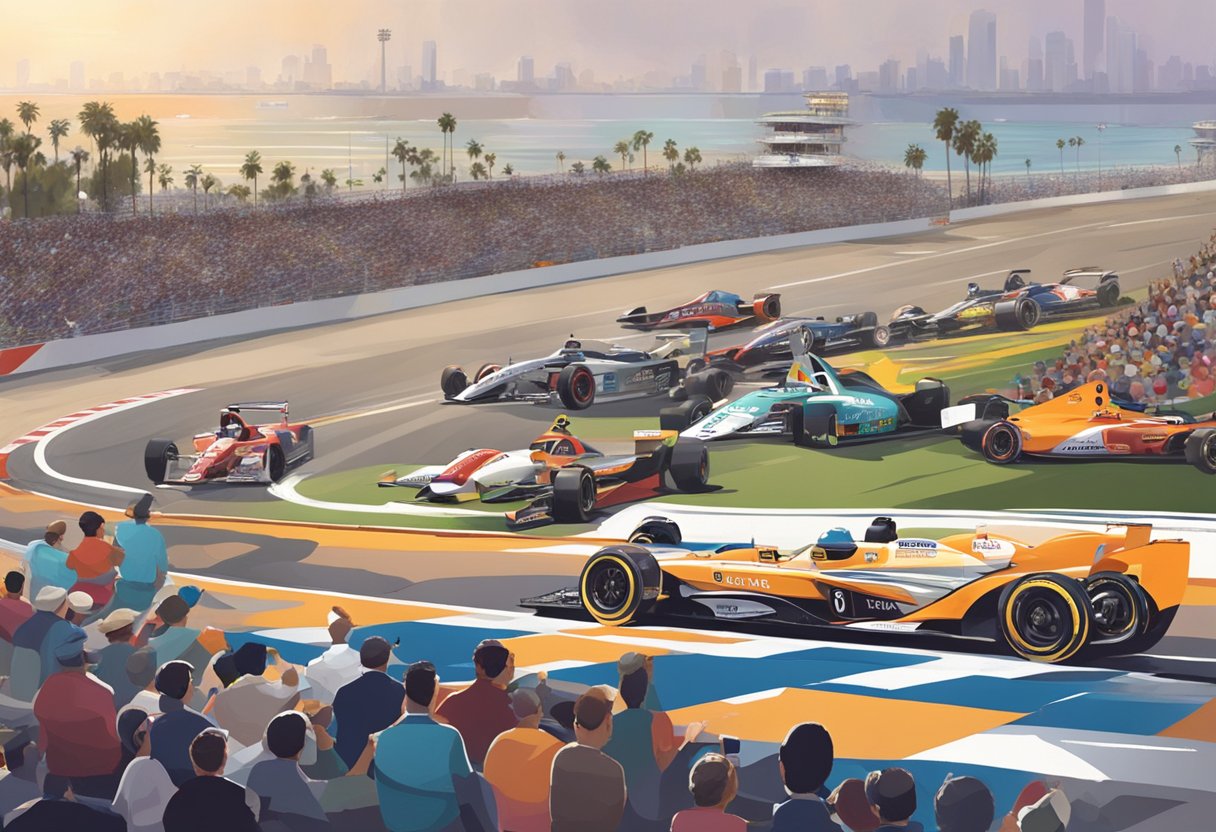 Long Beach Grand Prix: A Comprehensive Guide to the Iconic Race Event Cars racing around the track at the Long Beach Grand Prix, with spectators watching from the stands