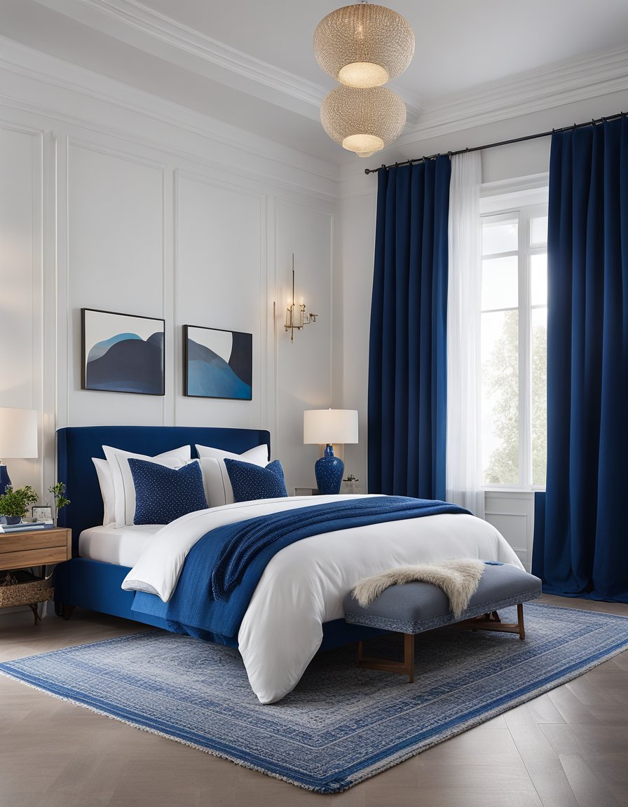 A serene bedroom with white walls and cobalt blue accents. A cozy bed with blue throw pillows and a matching area rug. Blue curtains and artwork add a pop of color