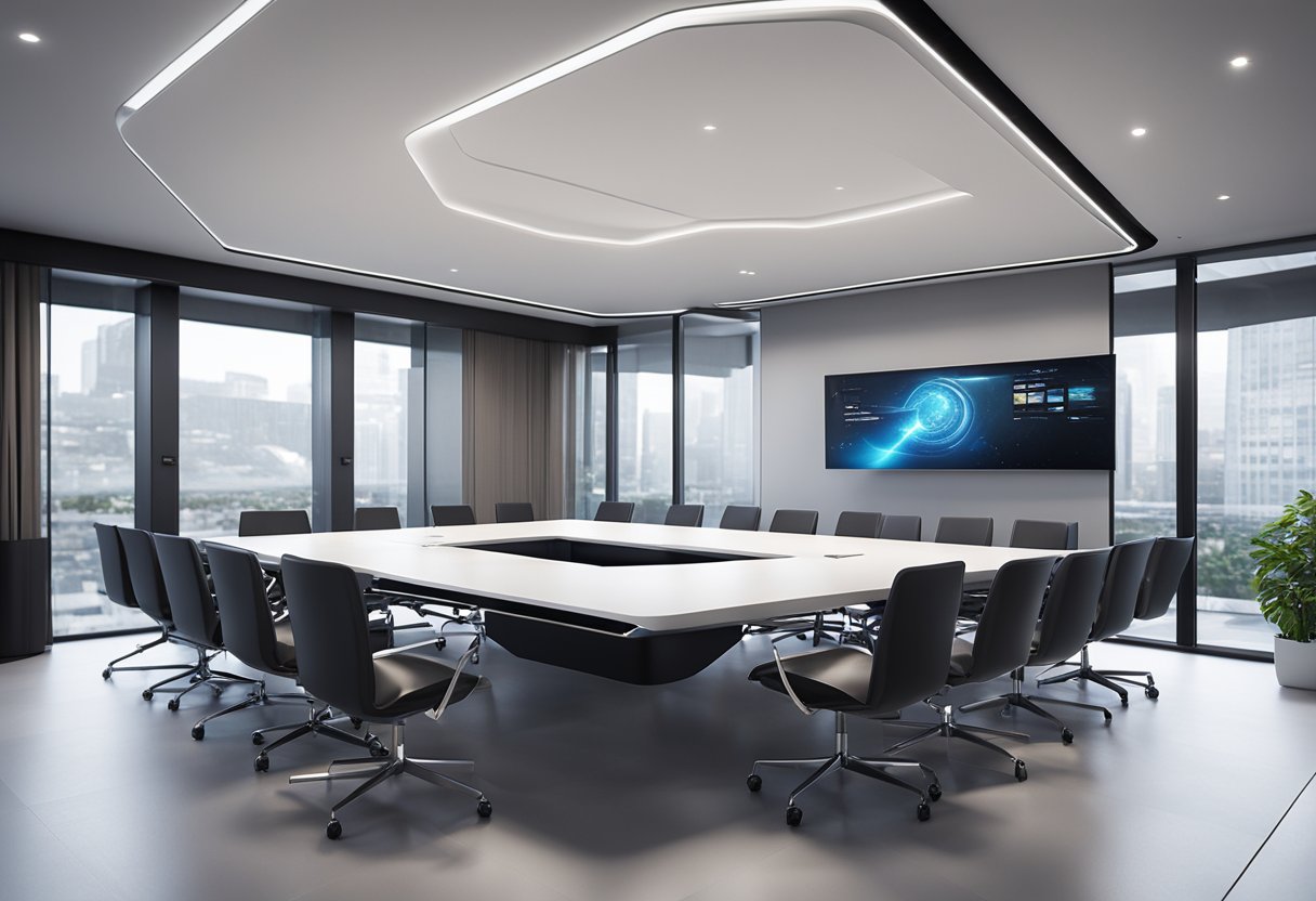 Ruang rapat modern dan ramping dengan peralatan canggih dan elemen desain futuristik