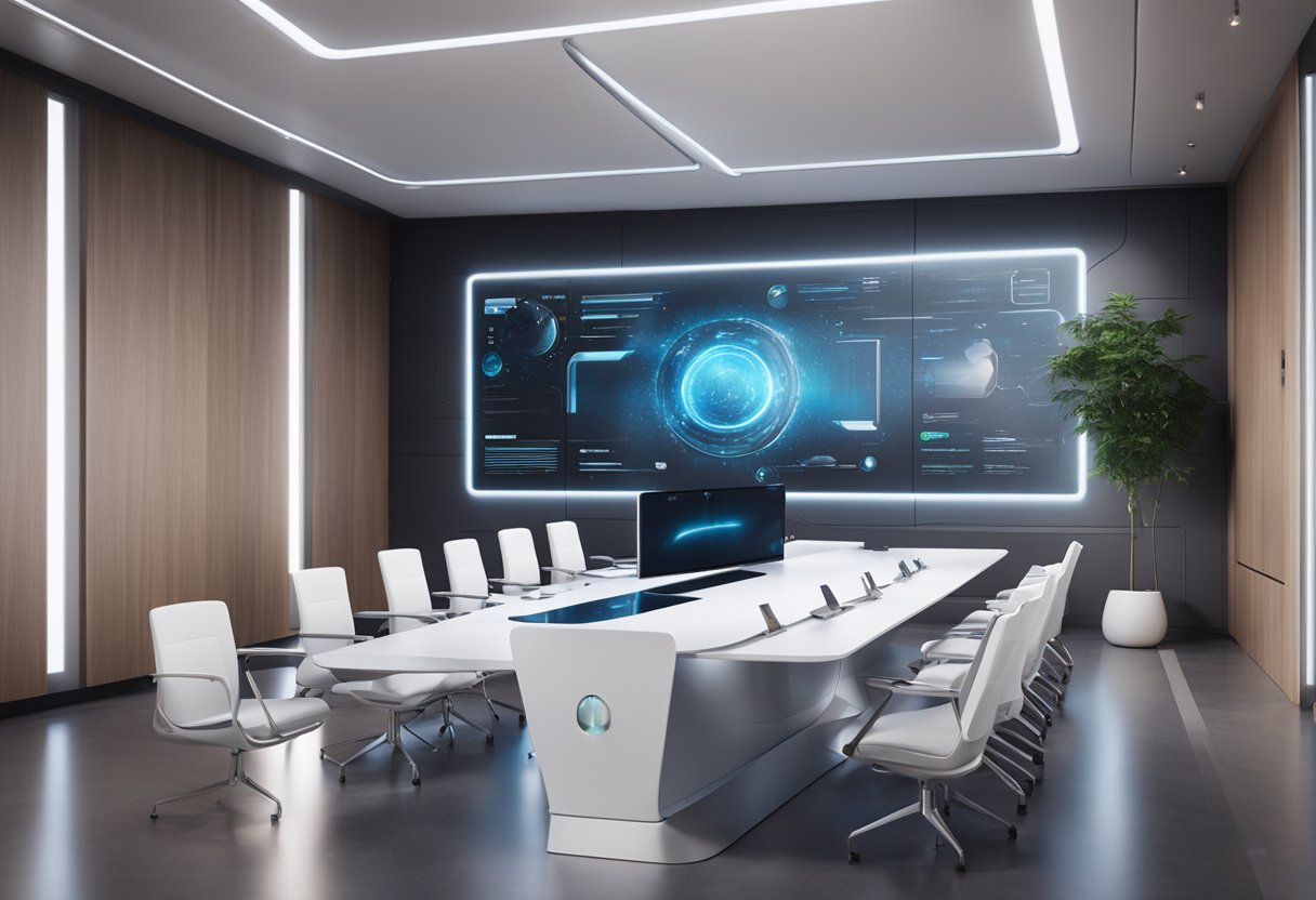Ruang rapat pintar futuristik dengan teknologi canggih, tampilan interaktif, dan furnitur modern yang ramping