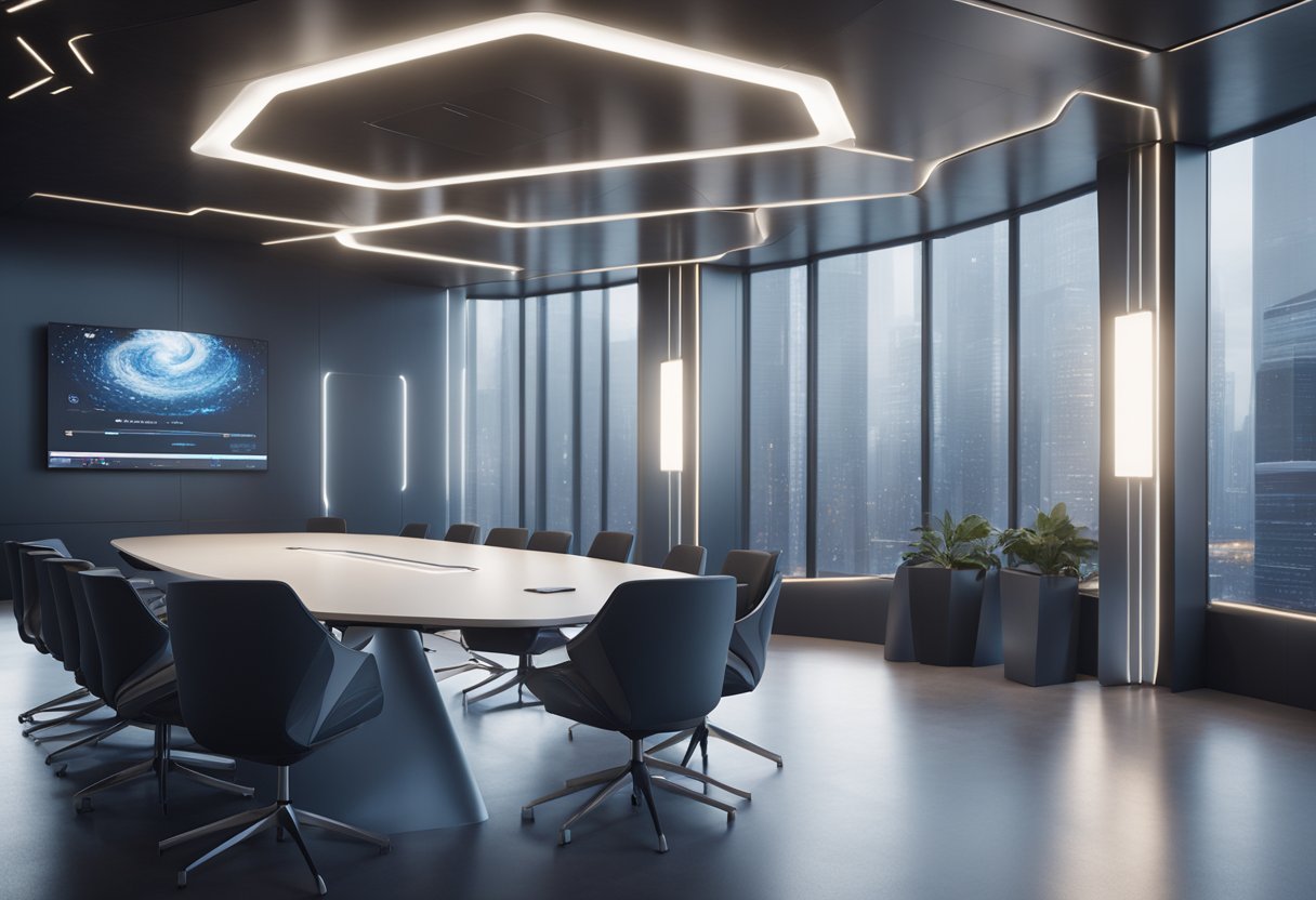 Ruang rapat pintar futuristik dengan layar interaktif, kontrol yang diaktifkan suara, dan teknologi konferensi video canggih