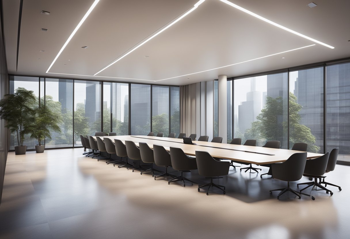 Ruang rapat modern dan ramping dengan teknologi terintegrasi dan fitur otomatis, menciptakan lingkungan yang mulus dan efisien untuk pertemuan bisnis di masa depan.