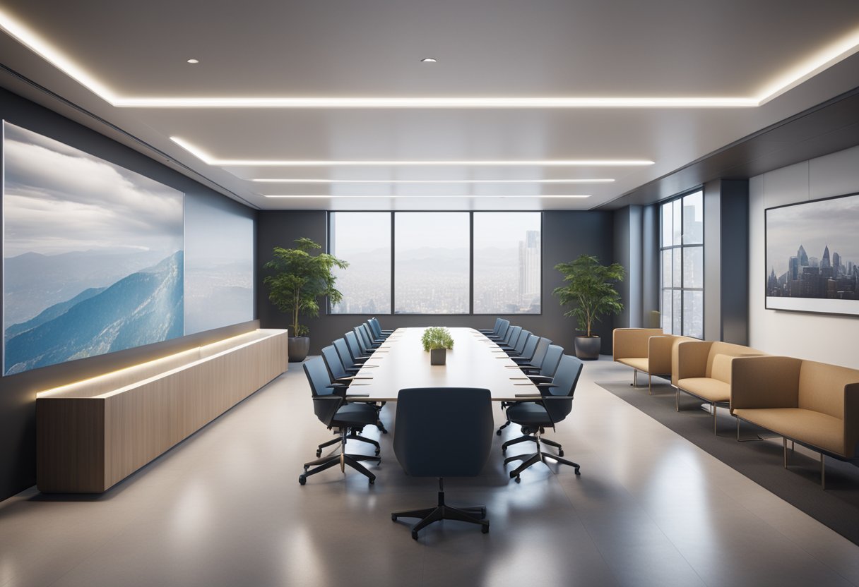 Ruang rapat modern dan ramping dengan teknologi canggih dan tampilan interaktif, menciptakan lingkungan yang efisien dan produktif untuk pertemuan bisnis.