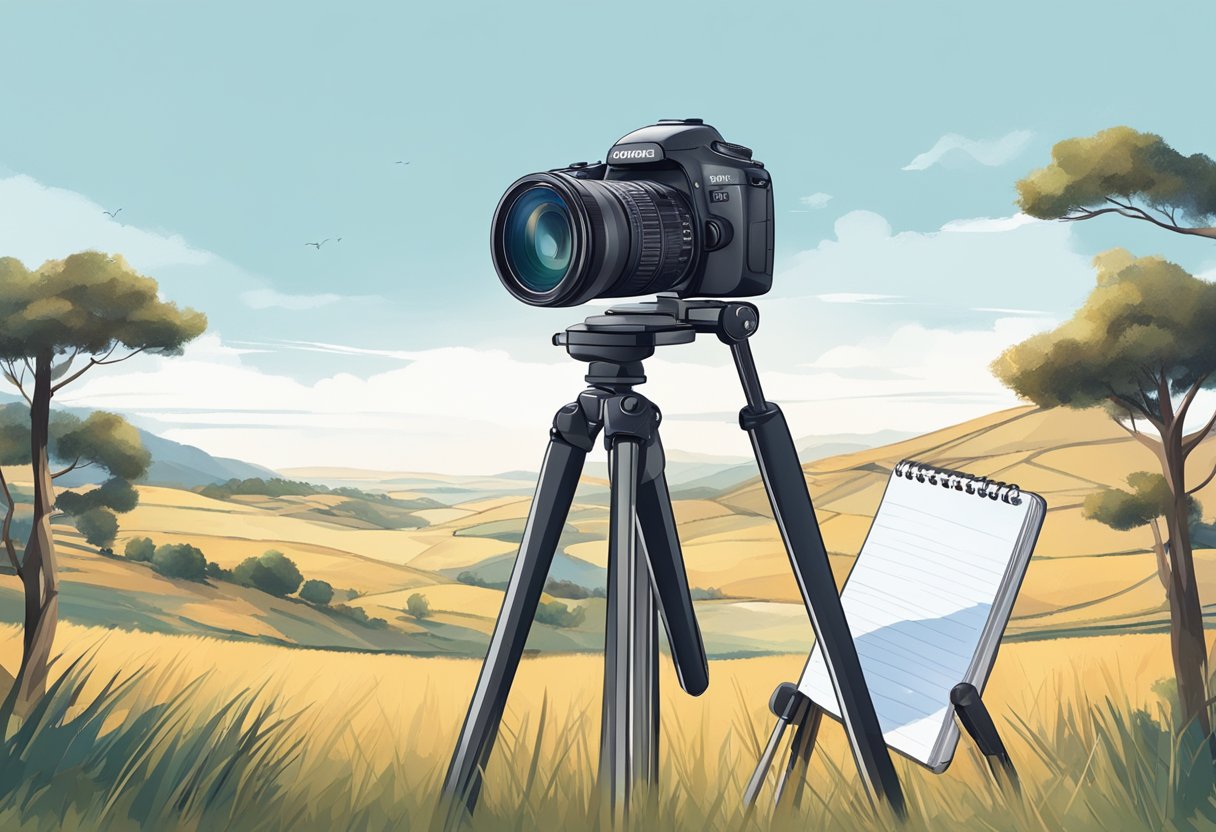 Photography basics: A camera on a tripod facing a landscape with a clear sky, a photographer adjusting settings, and a notebook with photography tips open on a table
