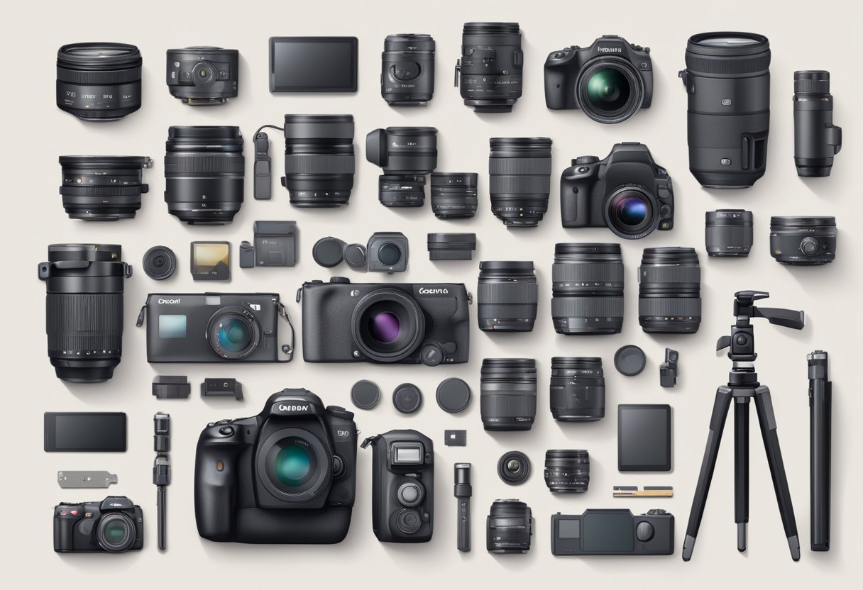 Photography basics: A table with various camera types (DSLR, mirrorless, point-and-shoot) surrounded by photography accessories (tripod, lens, memory cards)