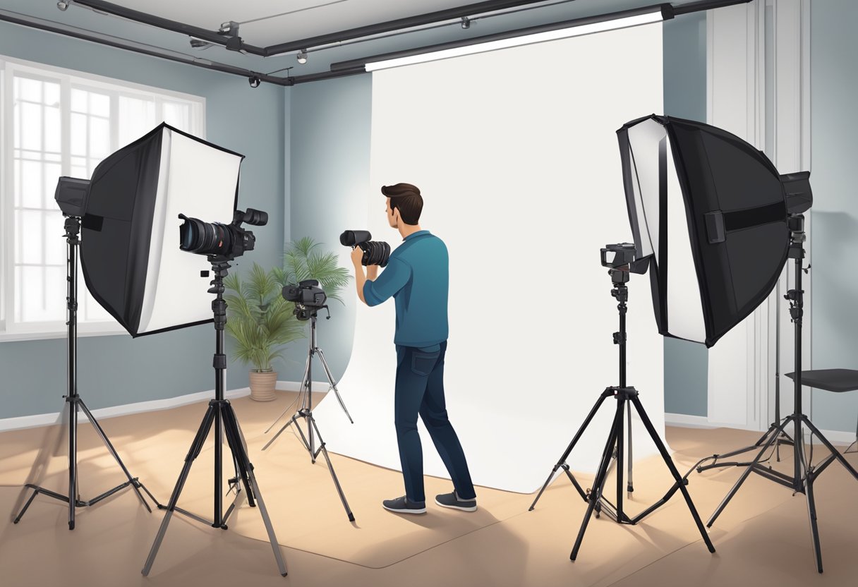 Photography basics: A photographer adjusting camera settings while holding a portrait lens, with a softbox and reflector set up in a studio