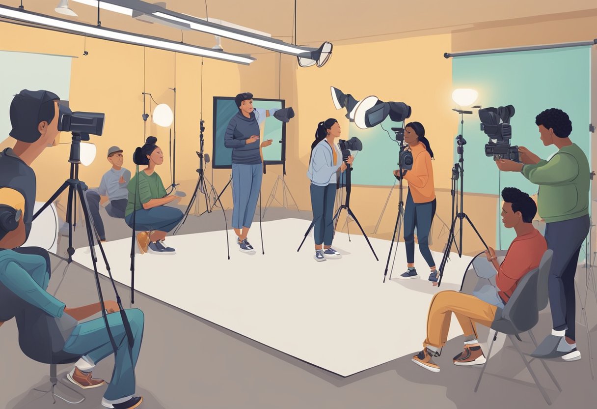 Photography basics: A photographer teaching basic techniques to a group of students in a studio setting with cameras and lighting equipment