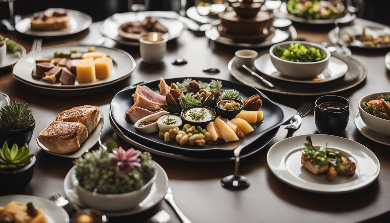 A table set with elegant dinnerware and a variety of succulent meats, surrounded by a sophisticated and upscale dining atmosphere