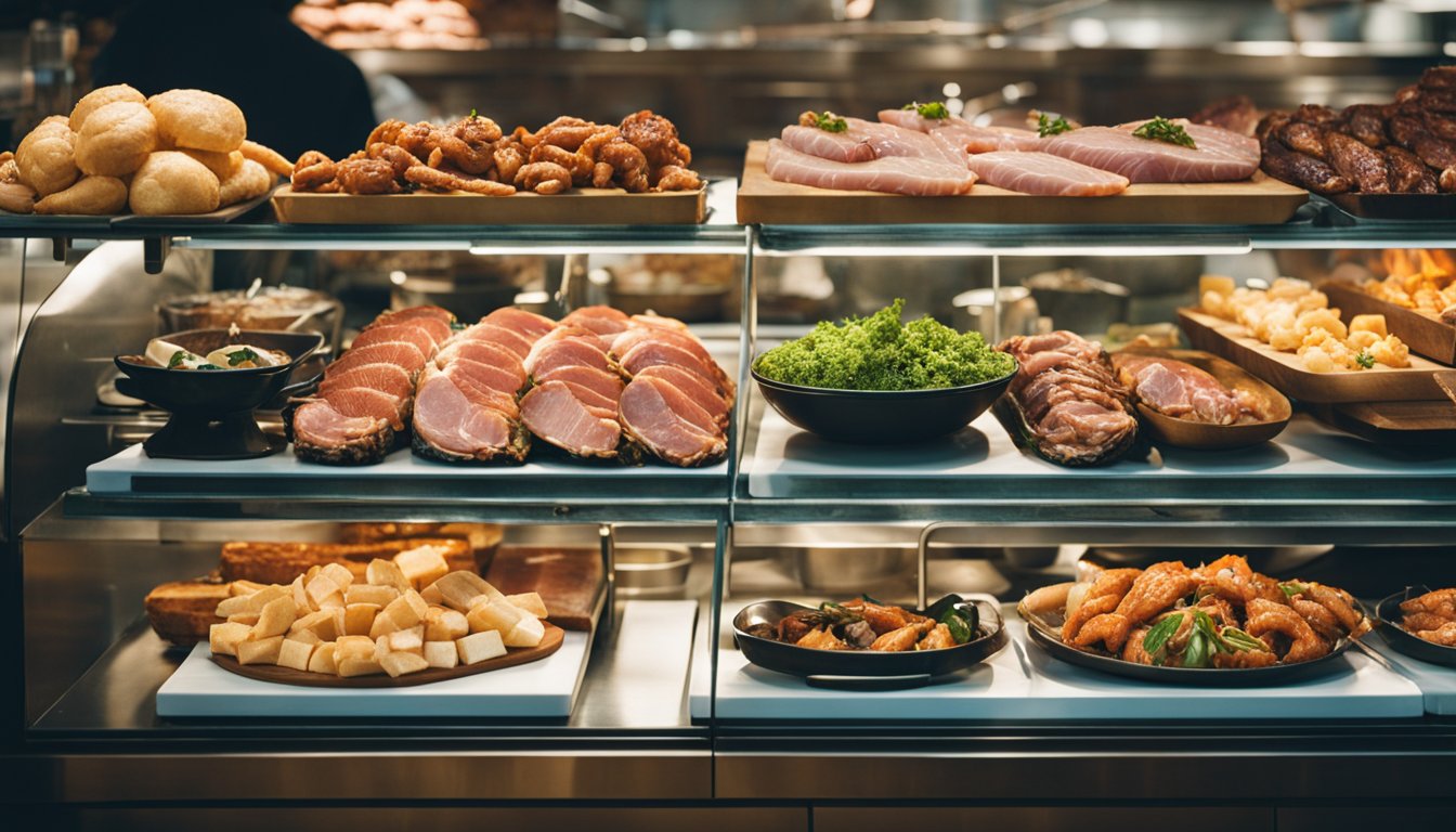 A vibrant display of gourmet meats, seafood, and unique culinary creations at Bazaar Meat by José Andrés in Las Vegas