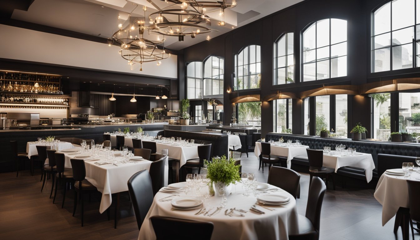 A bustling restaurant with modern decor and a lively atmosphere. Tables are set with white linens and elegant place settings. The open kitchen allows guests to watch the chefs in action