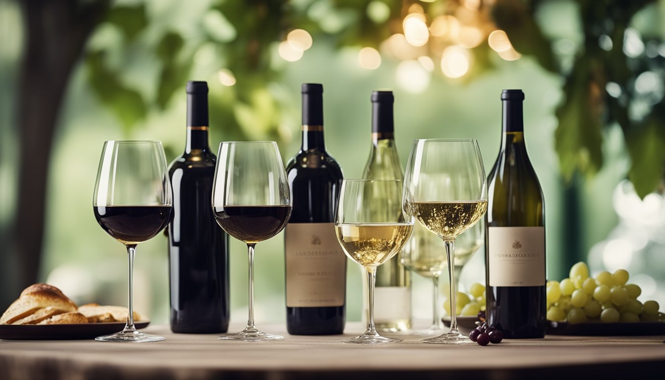 A table set with an array of wine bottles and glasses, alongside various beverages, surrounded by elegant decor