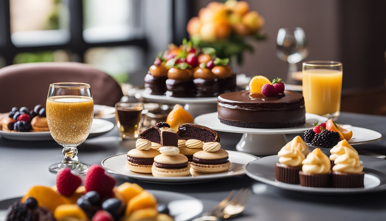 A table set with an array of decadent desserts, including a chocolate lava cake, fruit tarts, and macarons, surrounded by elegant dinnerware and sparkling glassware