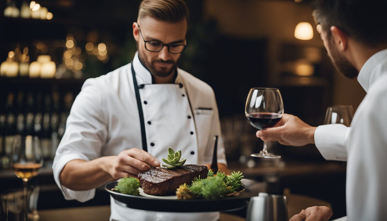 A chef prepares a succulent steak while a server presents a wine list to a group of diners in a stylish and modern restaurant setting