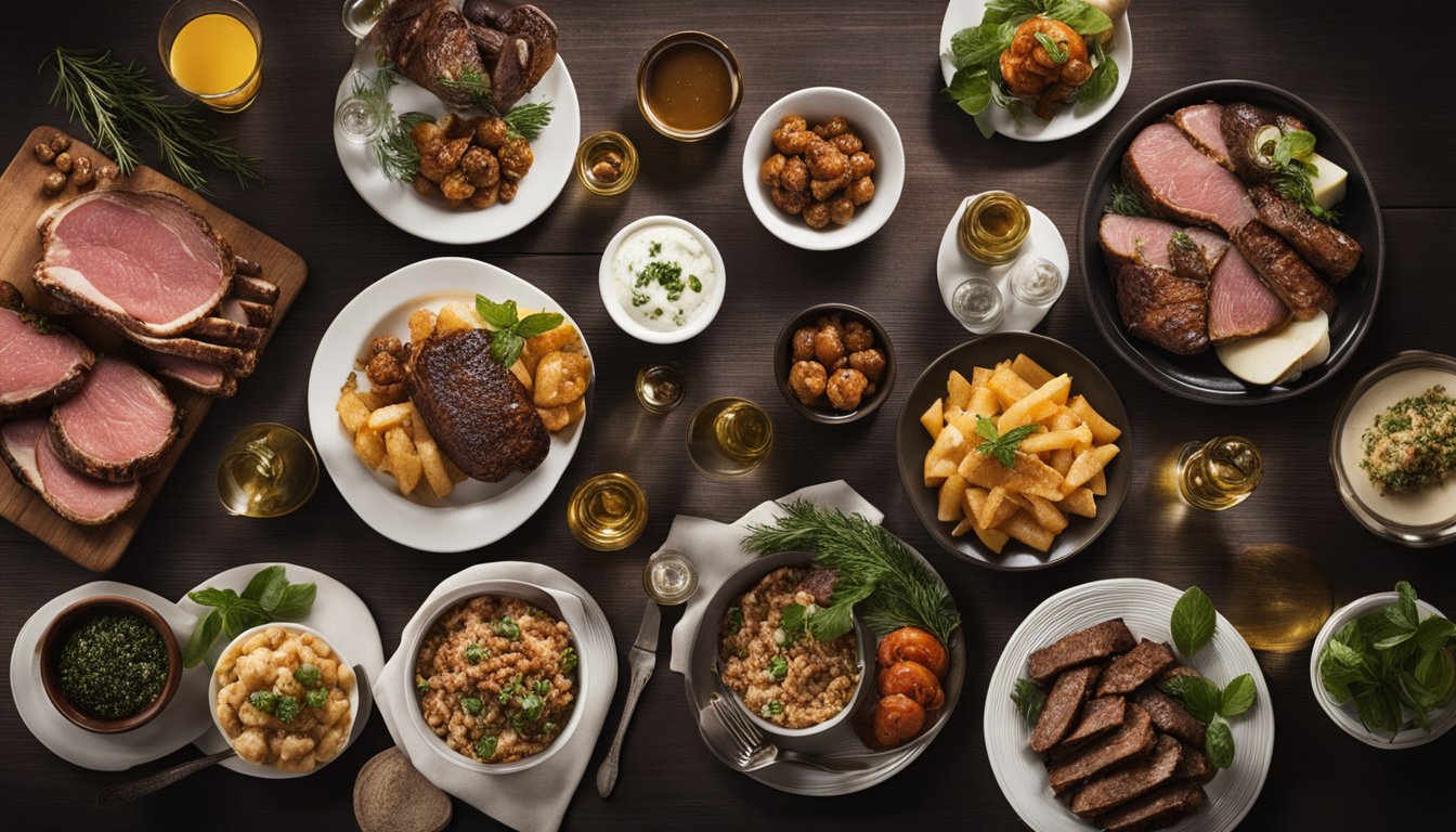 A table set with a variety of dishes from Bazaar Meat by José Andrés in Las Vegas, surrounded by a stack of reviews and a list of frequently asked questions