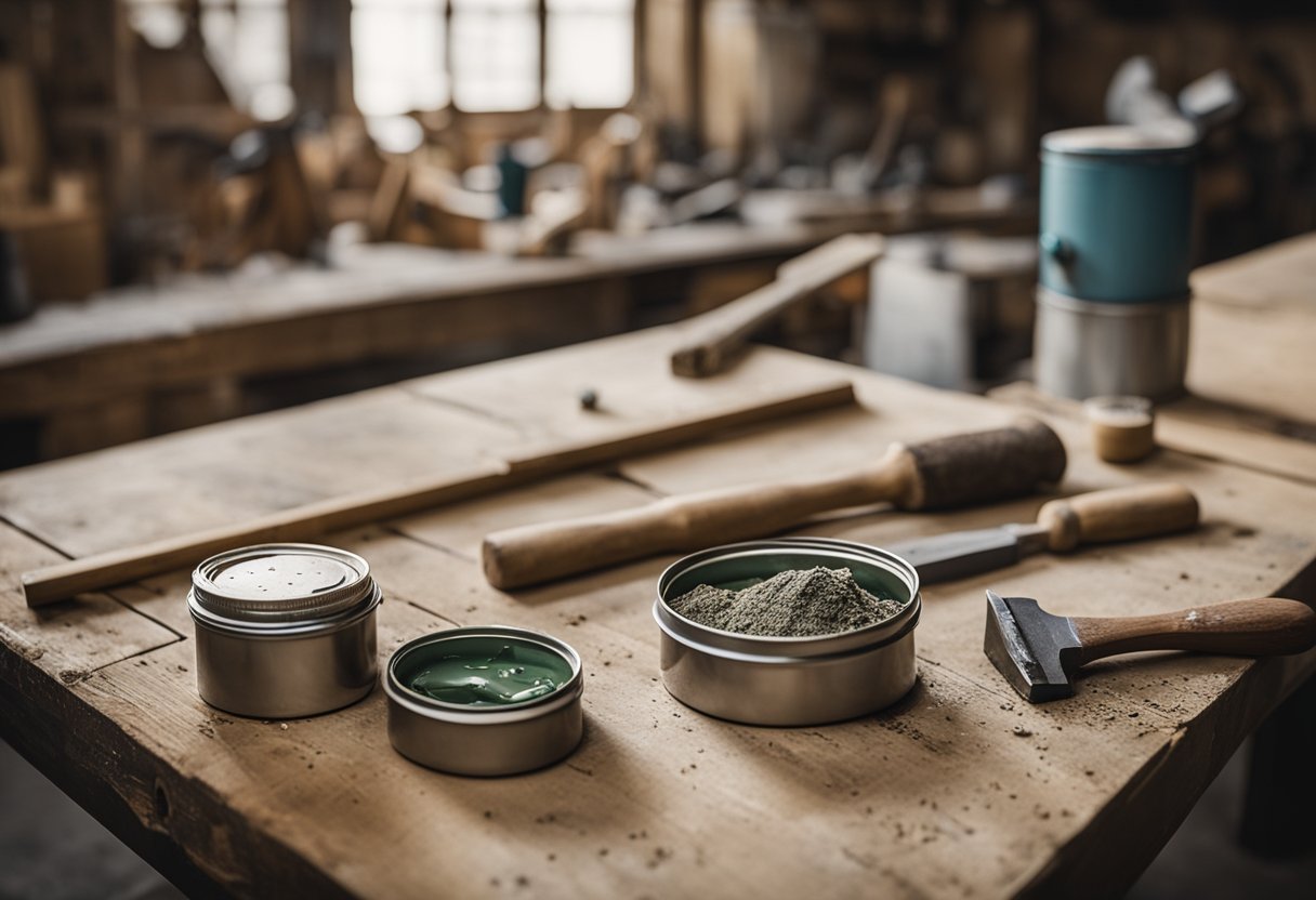 A workbench with a rotted door trim, hammer, chisel, wood filler, sandpaper, and paint cans