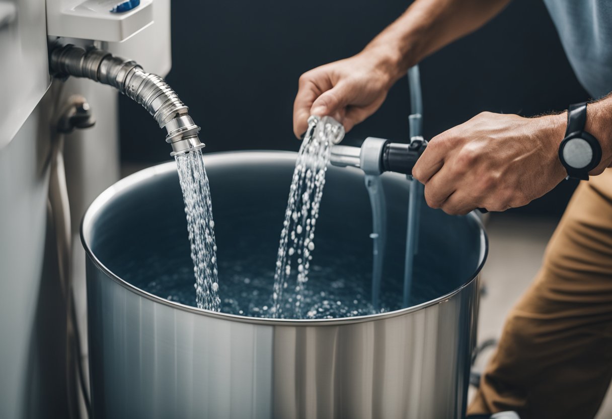 A person draining water from a water heater using a hose and bucket, with the water heater clearly visible and labeled