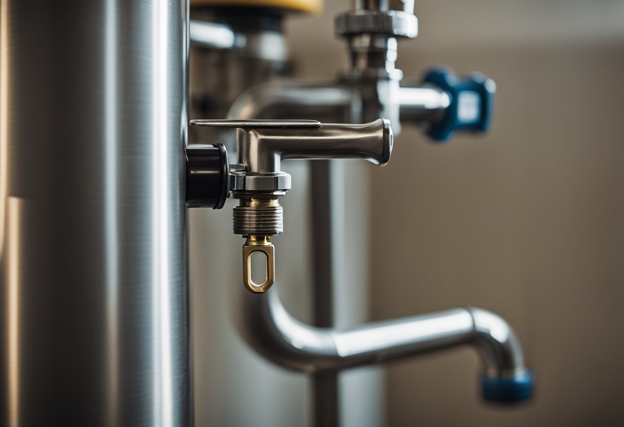 A wrench turning the valve on a water heater, with water flowing out into a bucket on the floor