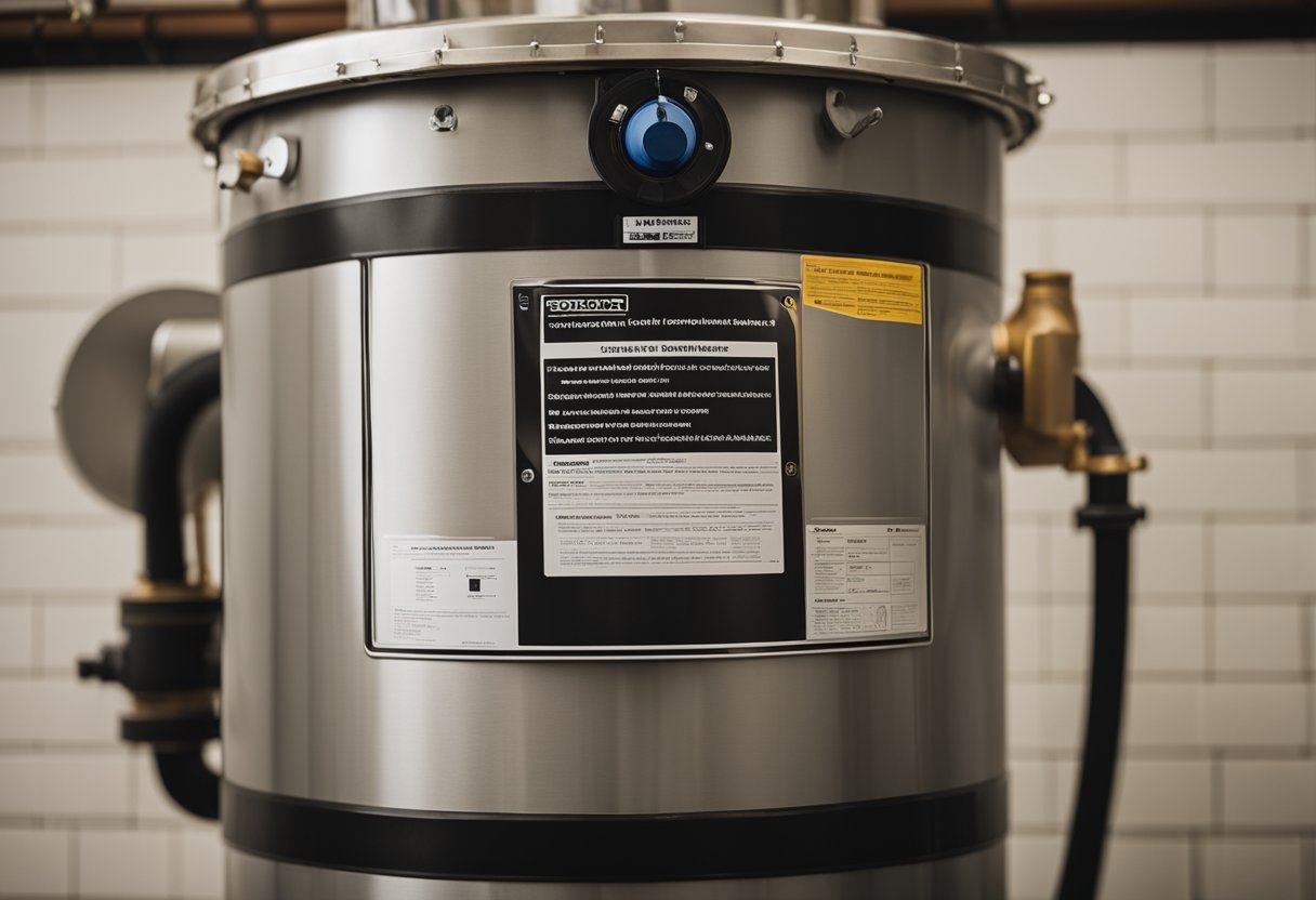 A water heater with visible sediment buildup being drained into a bucket, with clear instructions on the correct method