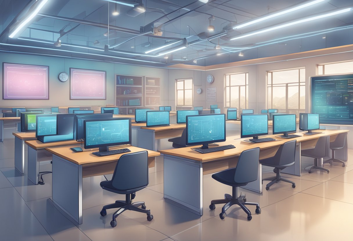 Educational Data Security: The Role of AI in Safeguarding Student Information Data security,AI tool,student data LearningMole Data security: A futuristic classroom with AI-powered security systems monitoring data flow and protecting educational information