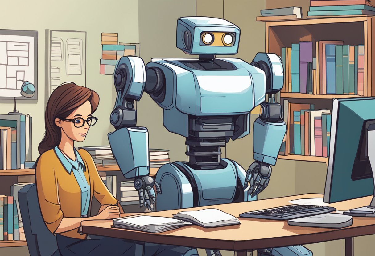 Educational Data Security: The Role of AI in Safeguarding Student Information Data security,AI tool,student data LearningMole Data security: A teacher and a robot stand next to a computer, surrounded by books and educational materials. The robot is processing data while the teacher looks on with a concerned expression