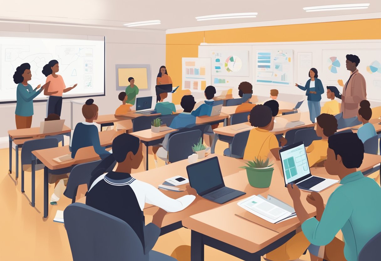AI in Education Policy: A classroom setting with diverse students using technology and engaging with AI tools under the guidance of an instructor