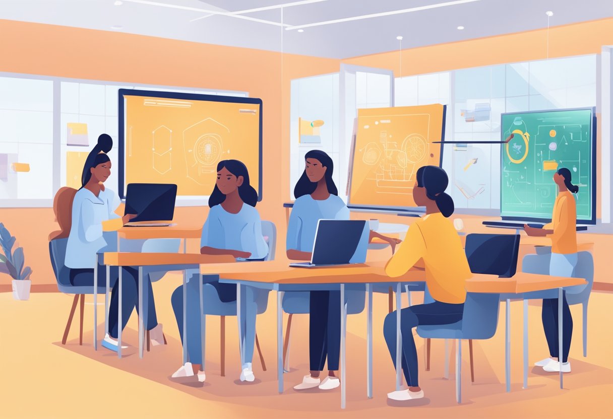 AI in Education Policy: A classroom setting with AI technology integrated into the learning environment. A teacher and students interact with AI tools, representing the challenges and risks of AI in education policy