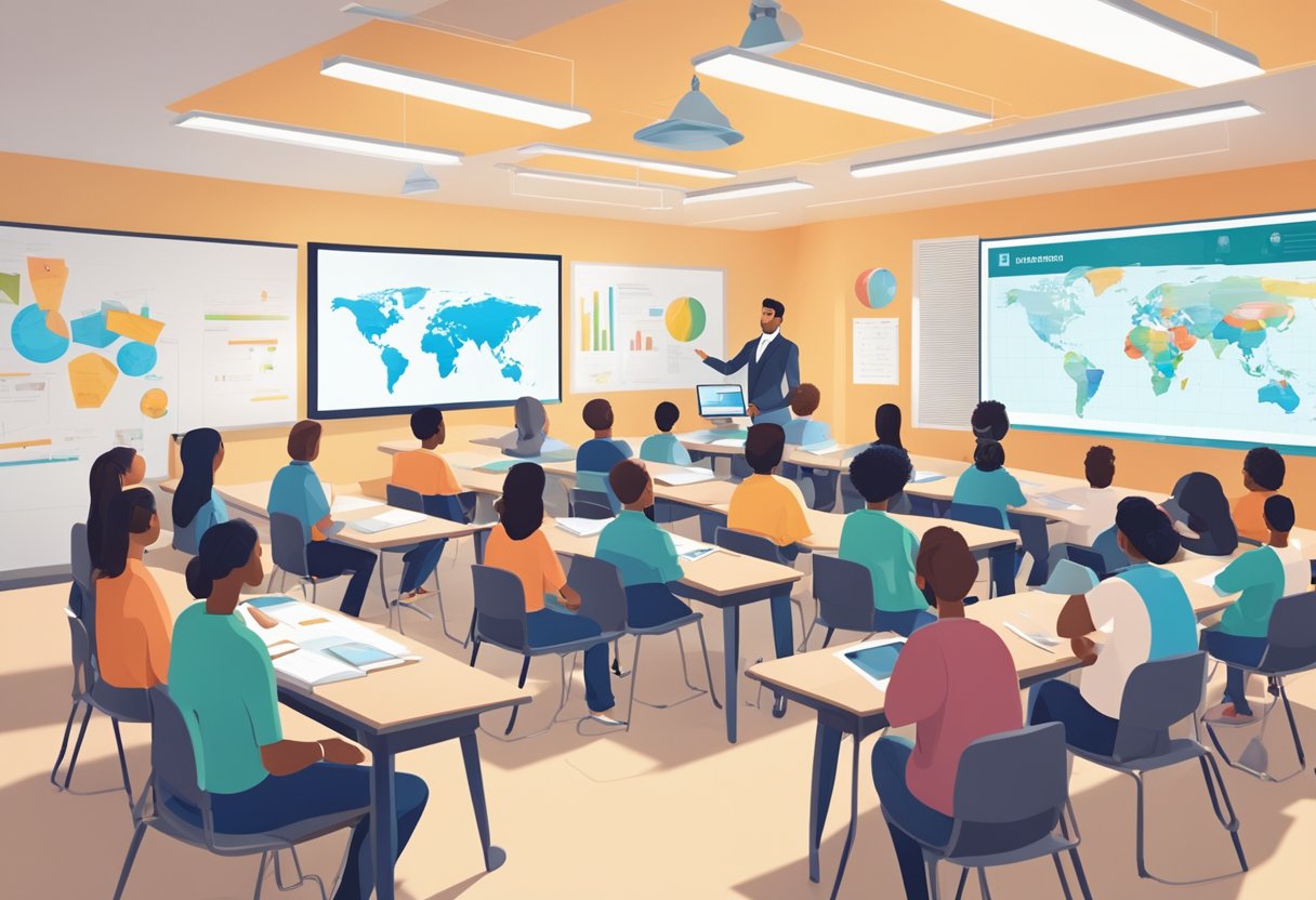 AI in Education Policy: A classroom with AI technology integrated into the curriculum, with teachers and policymakers discussing education policy on a global scale