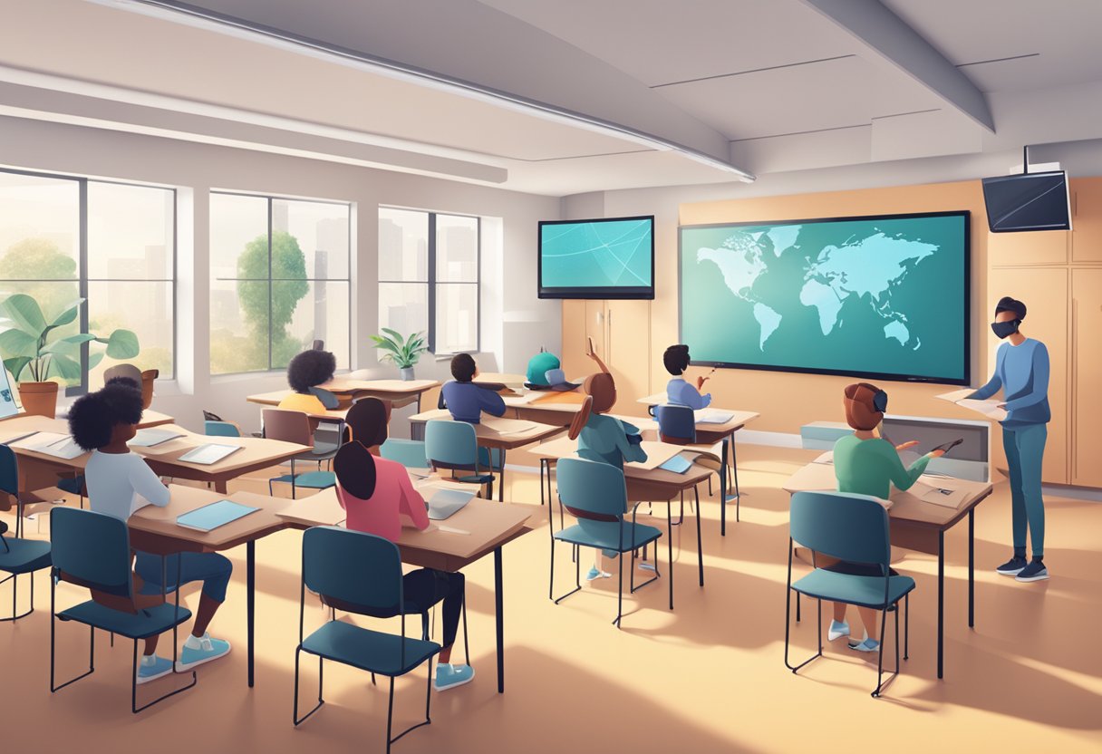 The Impact of Artificial Intelligence on Traditional Teaching Methods Artificial Intelligence,Education LearningMole Artificial Intelligence: A classroom setting with traditional teaching materials being overshadowed by AI technology, such as virtual reality headsets and interactive digital screens