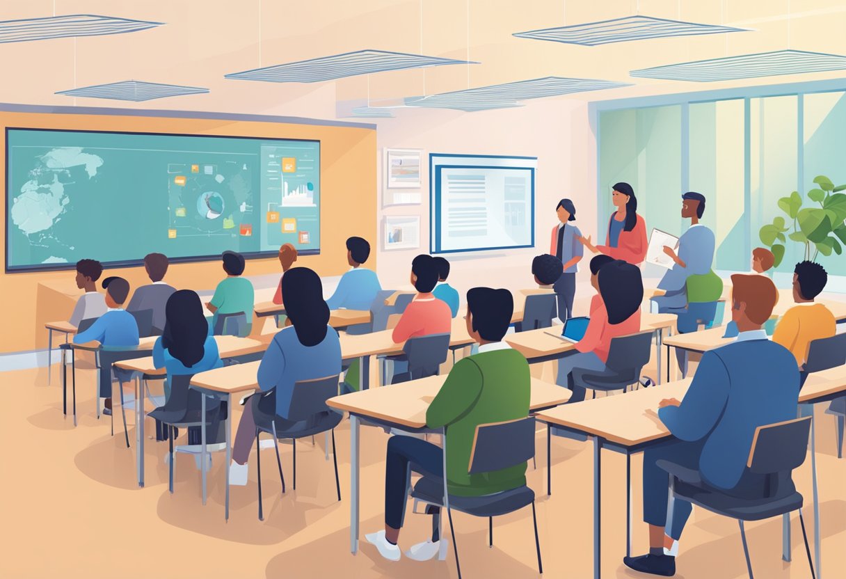AI in Education Policy: A classroom setting with AI technology assisting students and teachers, while policymakers from different countries discuss education policies