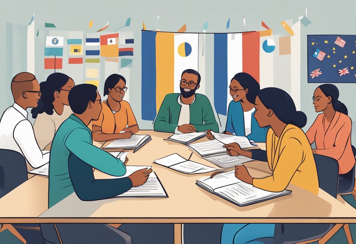 AI in Education Policy: A diverse group of educators and policymakers engage in a lively discussion around a table, surrounded by international flags and educational charts