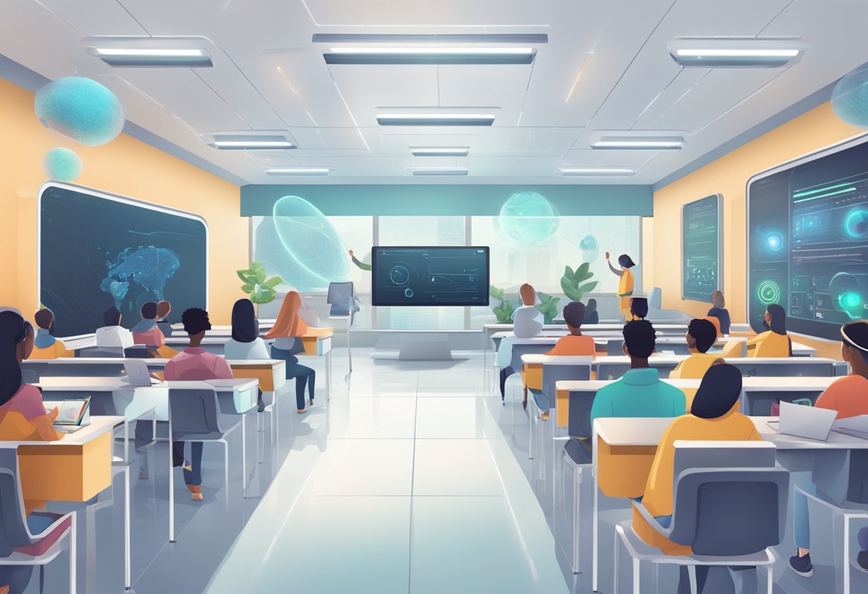 Online Education: A futuristic classroom with AI teaching tools and students interacting online