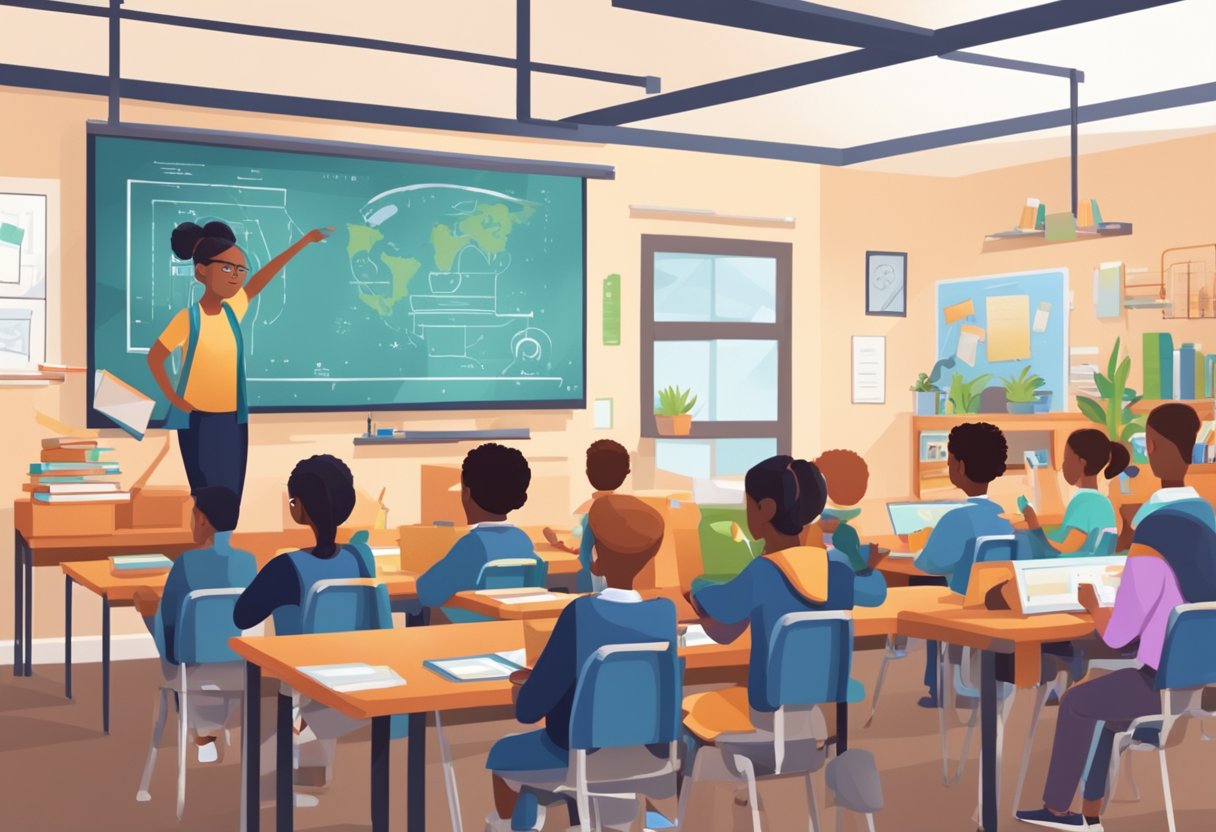 Ai Educational Tool: A classroom setting with a teacher using AI-powered tools to create engaging lessons. Various educational tools and technology devices are visible on the desk