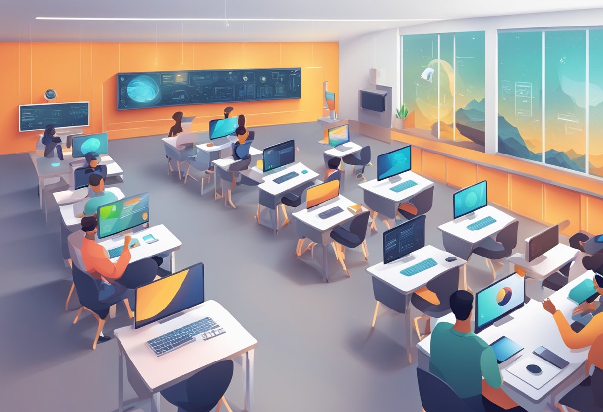 Online Education: A futuristic classroom setting with AI technology integrated into online courses, showing the evolution of education through digital platforms