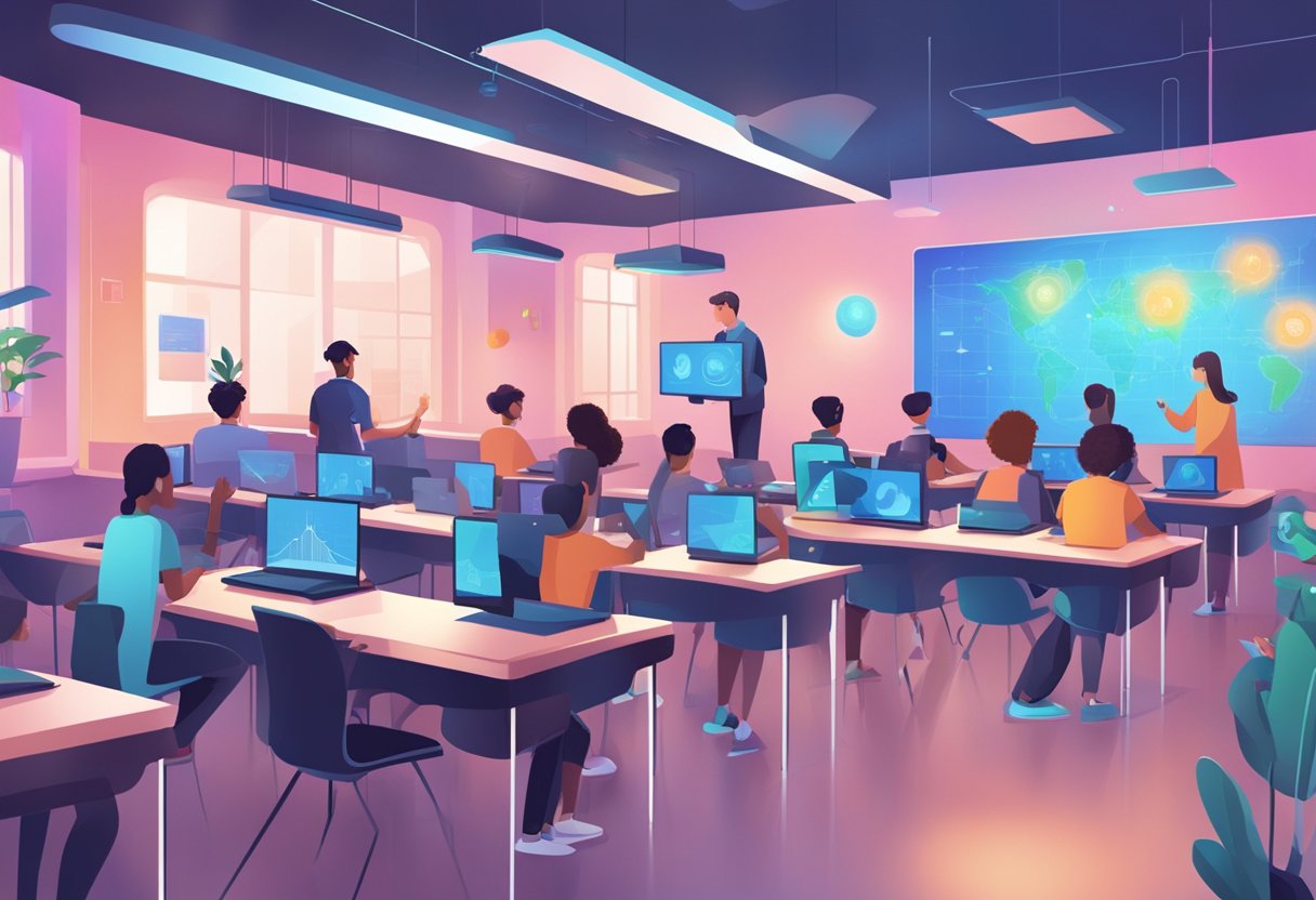 Online Education: A futuristic classroom with AI-powered teaching tools and students engaging in online learning activities