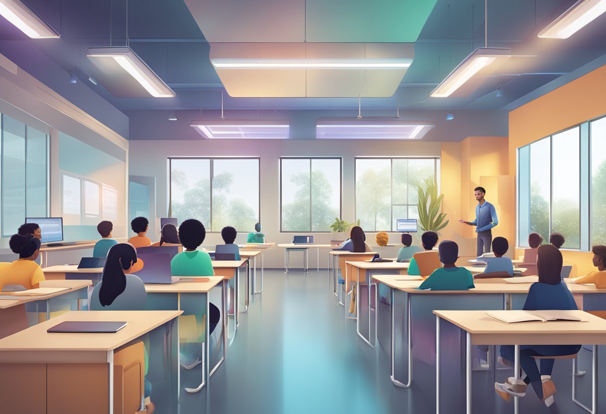 AI-Powered Feedback Systems for Enhanced Learning AI-Powered Feedback,Feedback LearningMole AI-Powered Feedback: A futuristic classroom with AI-powered feedback systems enhancing student engagement and learning