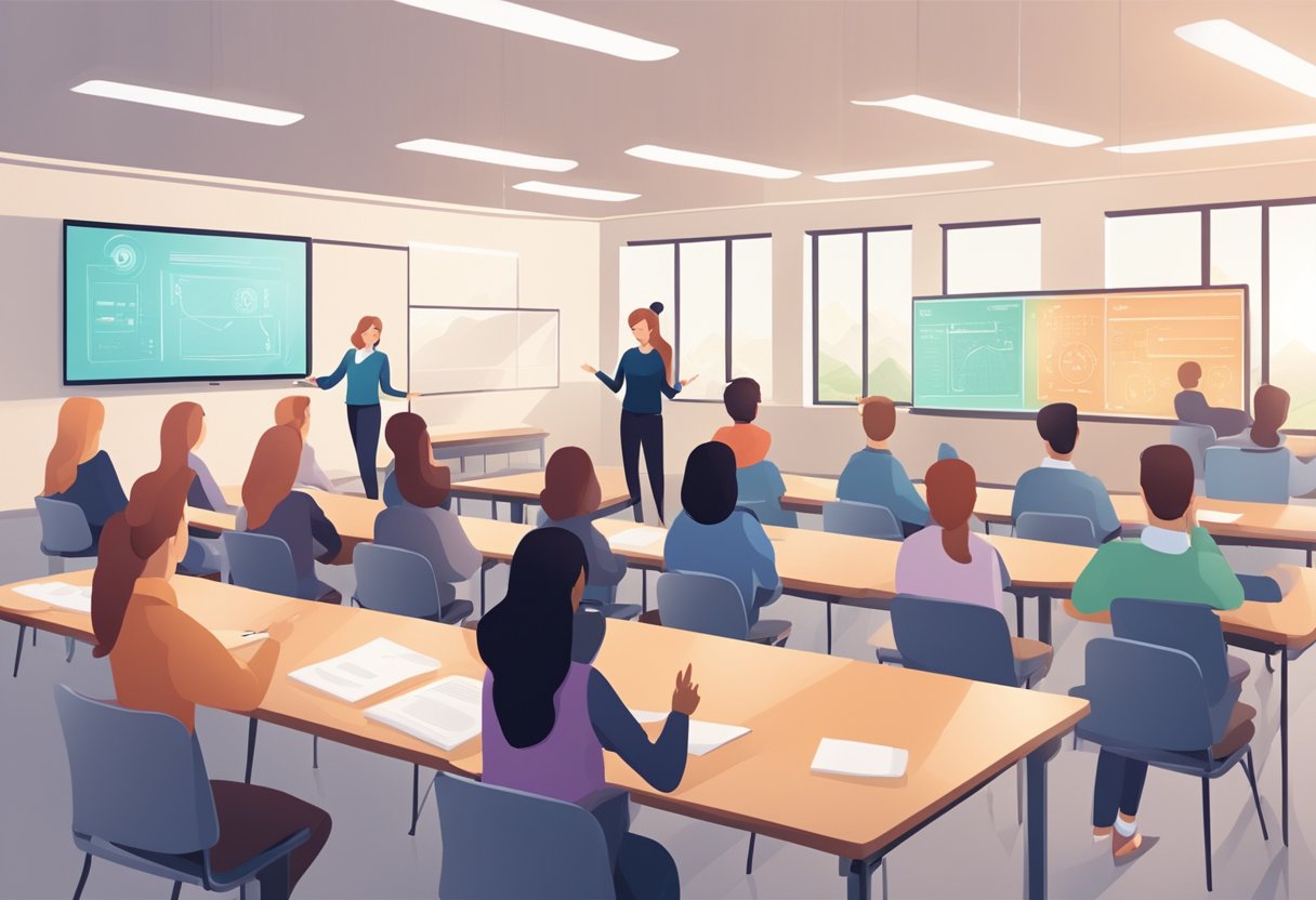 Ai Educational Tool: A classroom setting with a teacher presenting on a large screen using AI educational tools