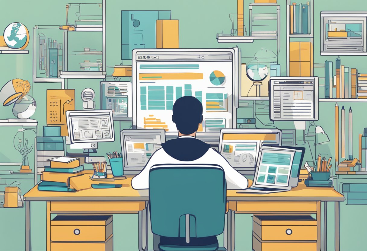 Ai Educational Tool: A teacher surrounded by various educational tools, with a computer screen displaying AI for content originality and research