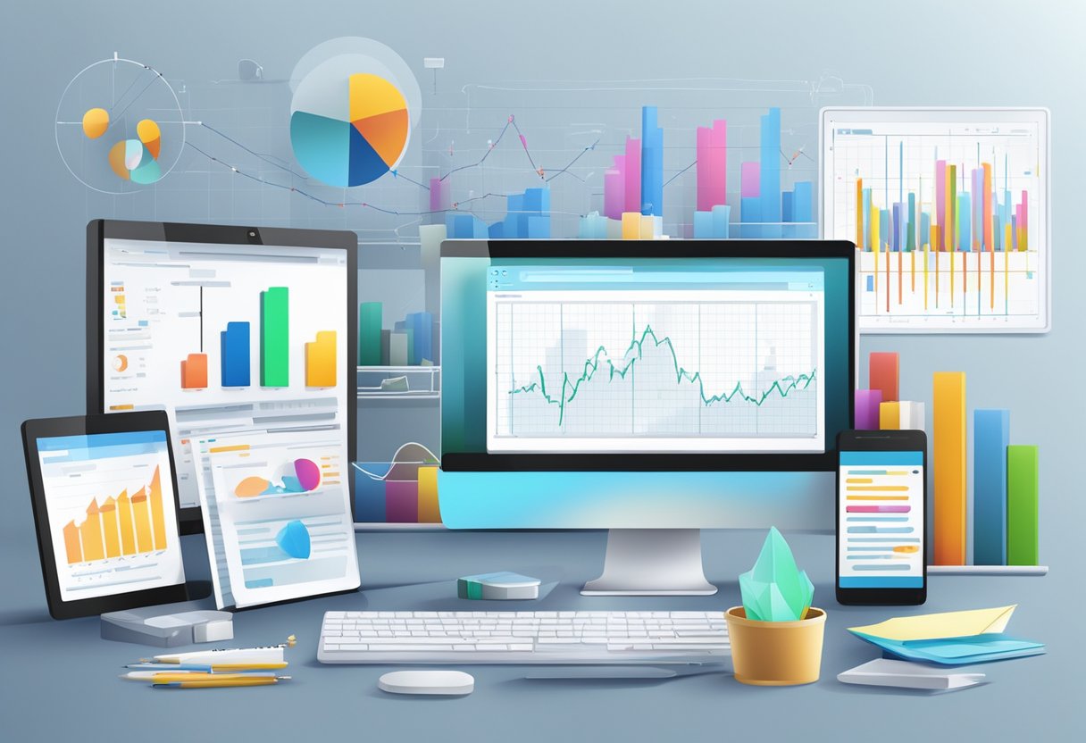 Online Education: A computer screen displays a graph with an upward trend, surrounded by various technological devices and educational materials