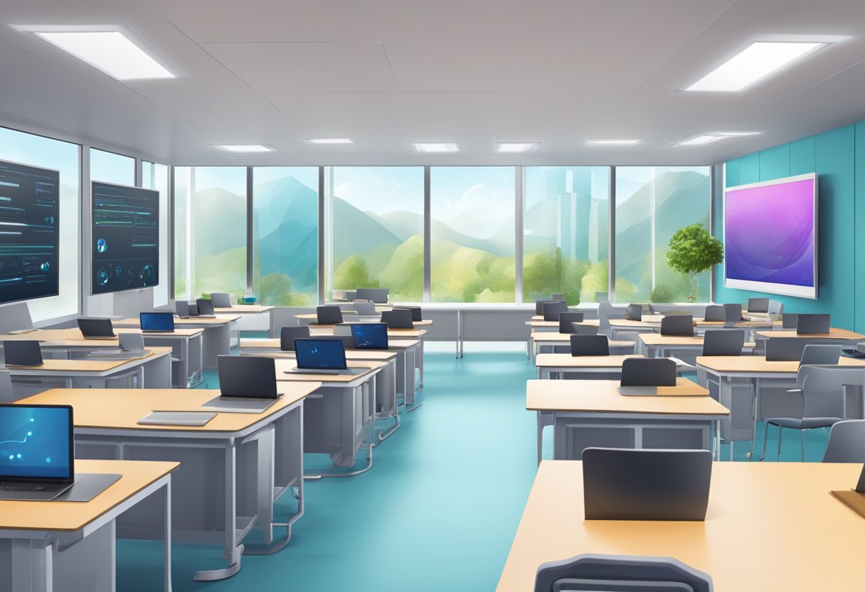 Online Education: A modern, futuristic classroom setting with AI technology integrated into the learning environment