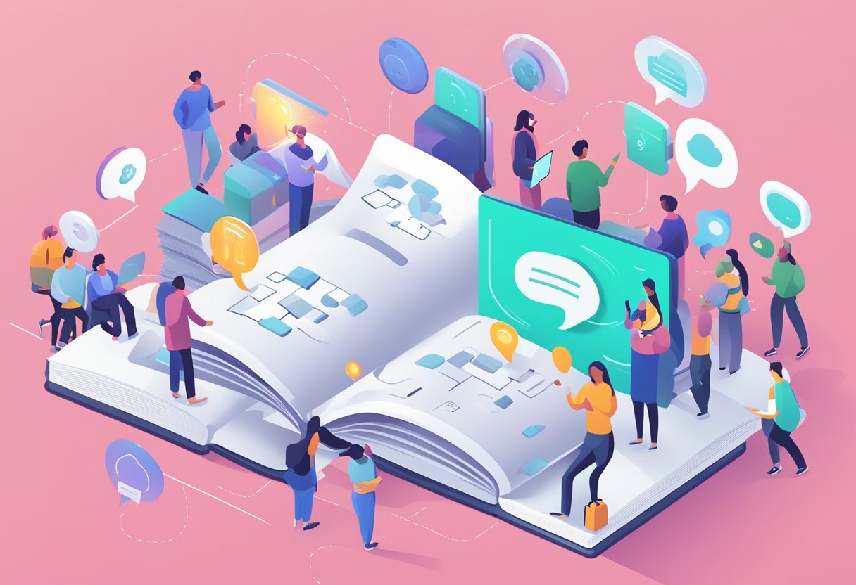 An open book surrounded by various AI assistants, including ChatGPT, with thought bubbles showing students learning and interacting with the technology