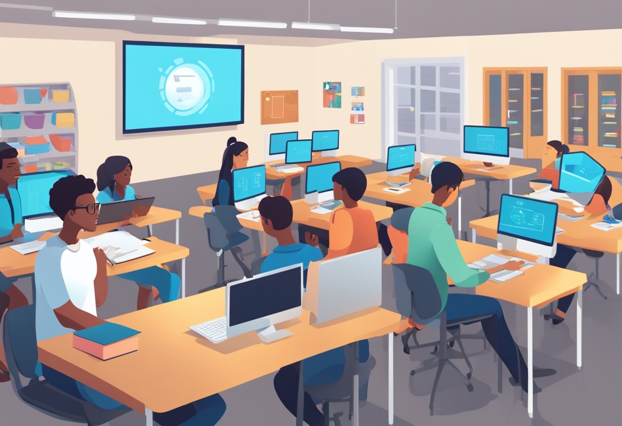 Chatgpt: An educator interacts with AI assistants amidst a classroom setting, surrounded by technology and educational materials