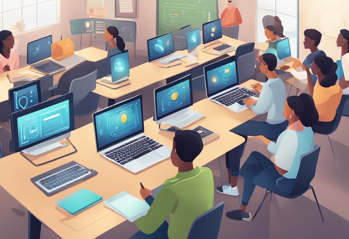 Chatgpt: A classroom with students engaged in discussion while using various AI assistants on their devices